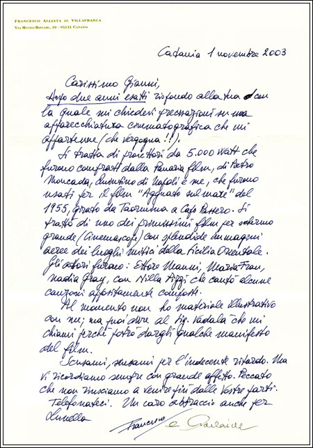 Lettera del Principe Alliata al Barone Pennisi dove si mostra l'appartenenza del riflettore della Panaria Film