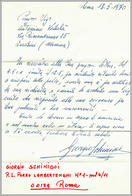 Lettera del tecnico della trasmissione rischiatutto (Rai) di Mike Bongiorno a Nino Vadalà nel 1970