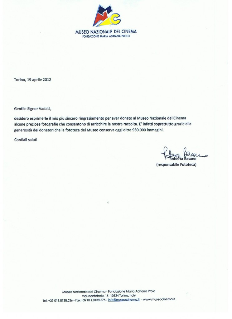 Lettera di ringraziamento del Museo Nazionale del CINEMA TORINO